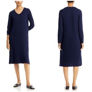 EILEEN FISHER NWT L Stretch Jersey Knit V-Neck Midi Dress in Midnight Navy Blue